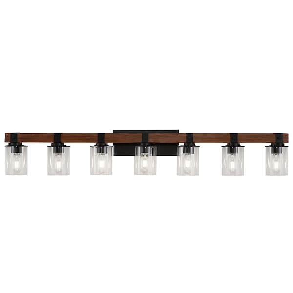 50 in. 7-Light Rustic Walnut Bronze Bathroom Vanity Light with Clear Glass Shades for Mirror, Vanity (Bulb Not Included)