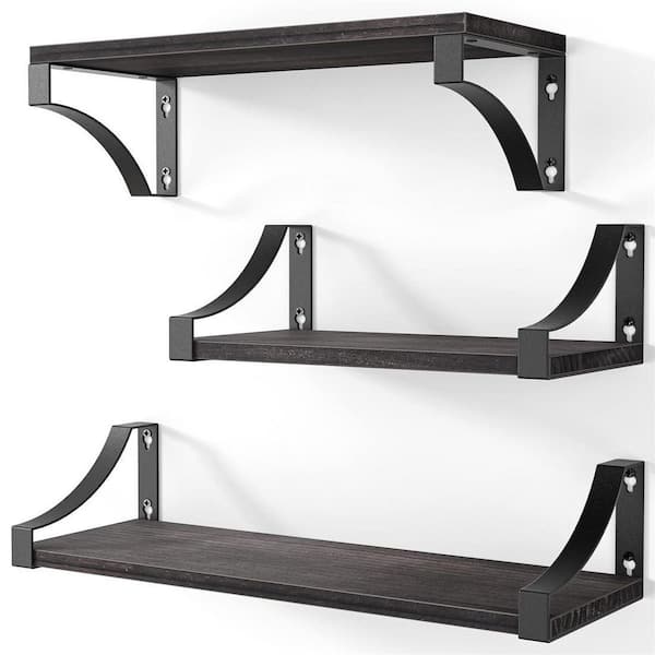 Cubilan 5.9 in. x 16.4 in. x 4.3 in. Brown Wood Floating Decorative Wall Shelves with Metal Brackets (Set of 3)