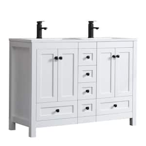 48 in. W. x 18 in. D x 34 in. H Sink Bath Vanity in White with White Resin Double Sink Top and Drain Faucet Set