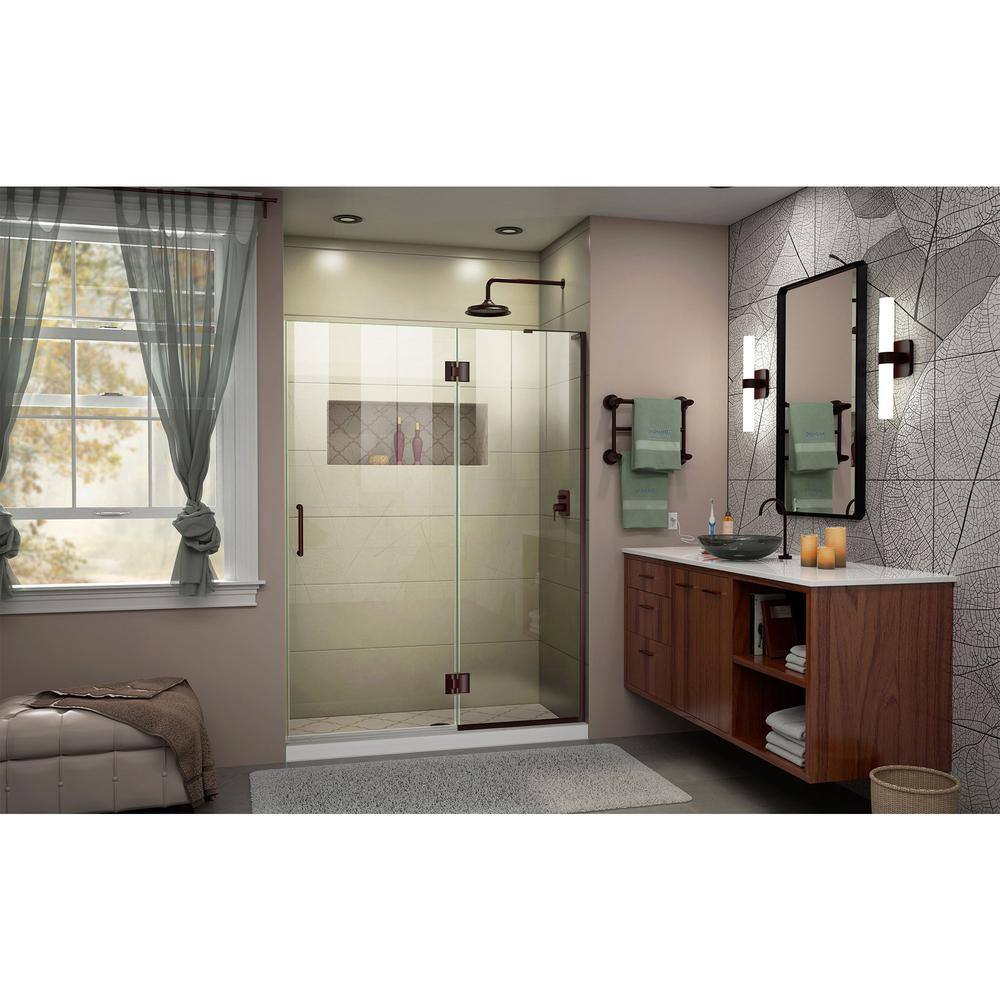 Distressed Bronze Frameless Hinged Shower Door with Clear Glass