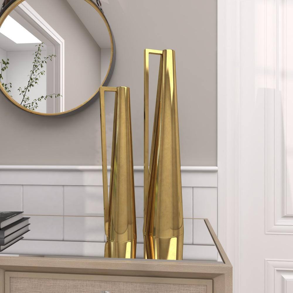 Gold Slim Cone Metal Geometric Decorative Vase Set