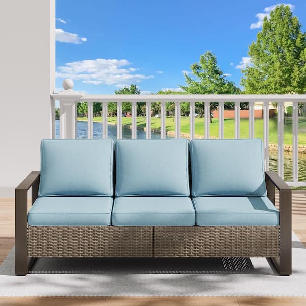 JOYSIDE 3-Seat Wicker Outdoor Patio Sofa Steel Frame Sectional Couch with Baby Blue Cushions