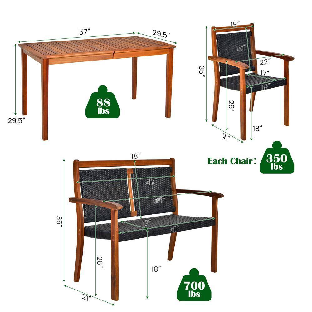 4-Piece Brown Wood and Black Rattan Patio Dining Set