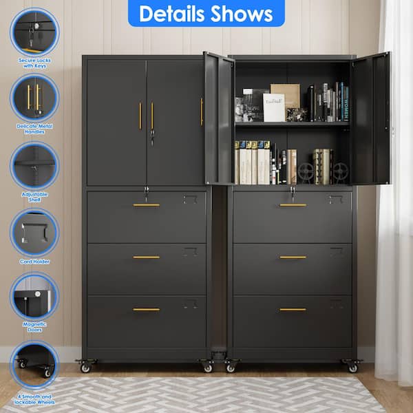 30 in. W x 71 in. H x 15 in. D Metal Rolling File Storage Freestanding Cabinet with Lockable Door and Drawers in Black