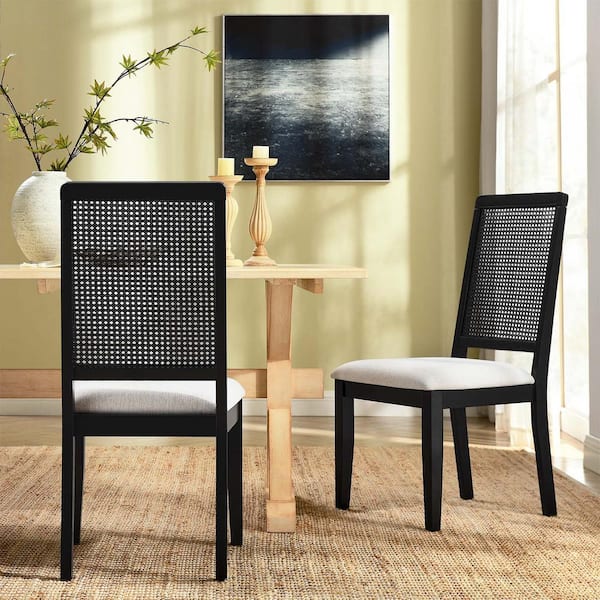 Arlo Faux Rattan and Wood Dining Side Chairs - (Set of 2) in Black Black Heathered Weave Ivory