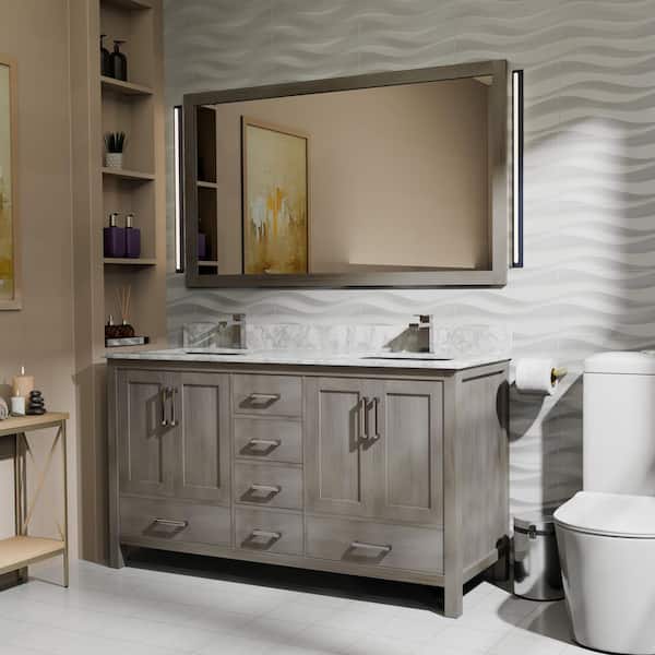 Jacques 60 in. W x 22 in. D Distressed Grey Double Bath Vanity, Carrara Marble Top, and 58 in. Mirror