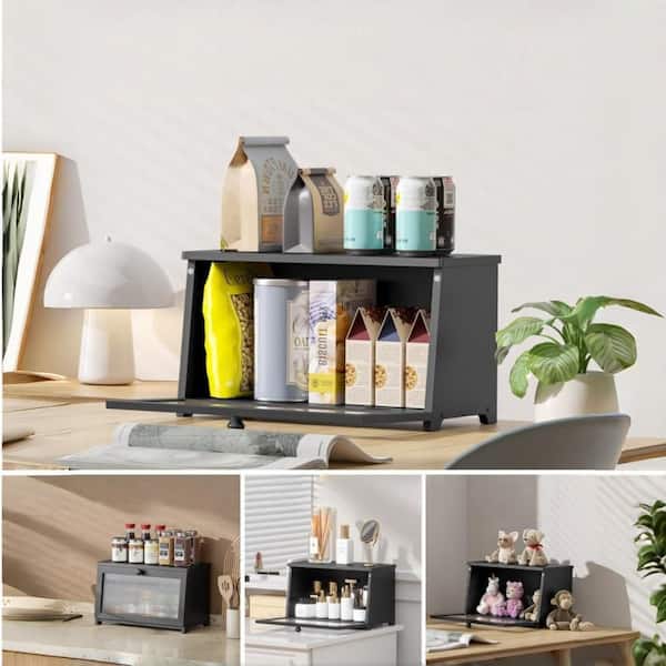 15 in. x 8.3 in. x 9.1 in. Wooden Bread Box for Kitchen Countertop Organization and Bread Storage, Black (1-Pack)