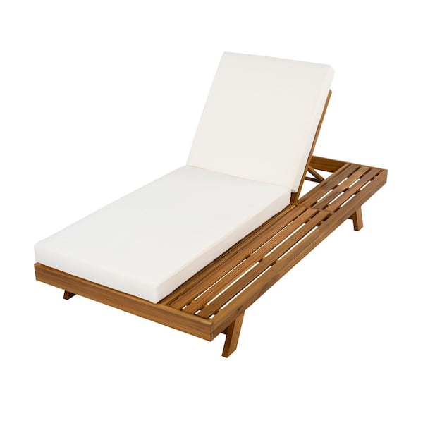Teak Wood Outdoor Chaise Lounge with Cream Cushions Beige Water Resistan