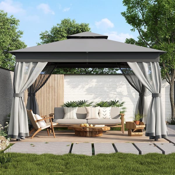 10 ft. x 12 ft. Grey Outdoor Gazebo Tent with Double Roofs Patio Gazebo with Mosquito Netting Patio Canopy