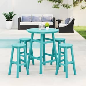 Laguna 5-Piece Bar Height HDPE Plastic Outdoor Patio Round High Top Bistro Dining Set in Turquoise