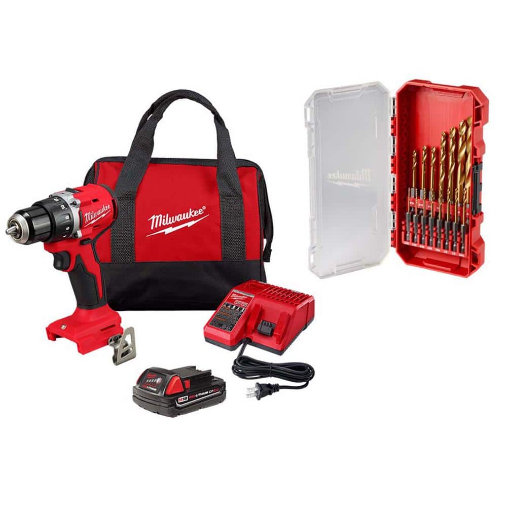 Milwaukee M18 18V Lith-Ion Brushless Cordless Compact Drill/Driver with One 2.0 Ah Battery, Charger & Drill Bit Set (15-Piece) 3601-21P-48-89-4670