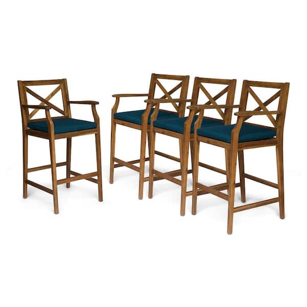 Perla Teak Brown Wood Outdoor Patio Bar Stool with Blue Cushion (4-Pack)