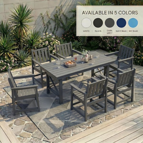Gray 7-Piece HDPE Plastic Patio Outdoor Dining Set with 6-Arm Chairs and Rectangular Table