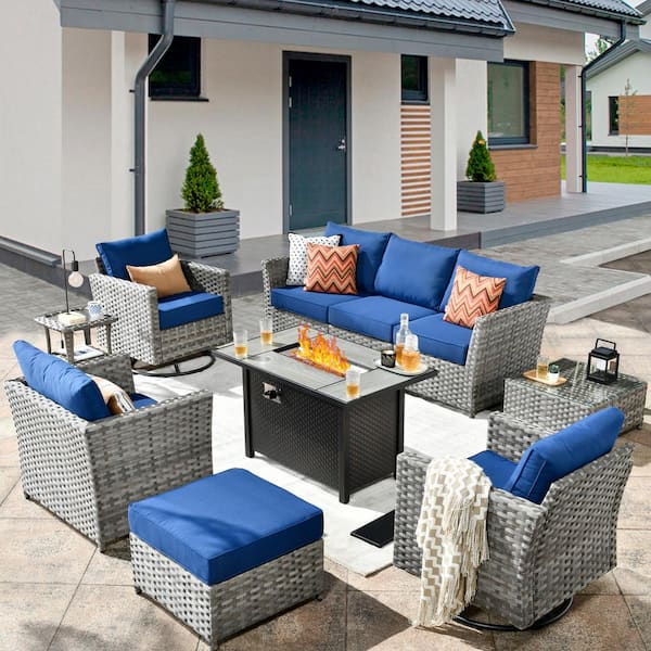 weaxty W Hanes Gray 10-Piece Wicker Patio Fire Pit Sectional Seating Set with Navy Blue Cushions and Swivel Rocking Chairs