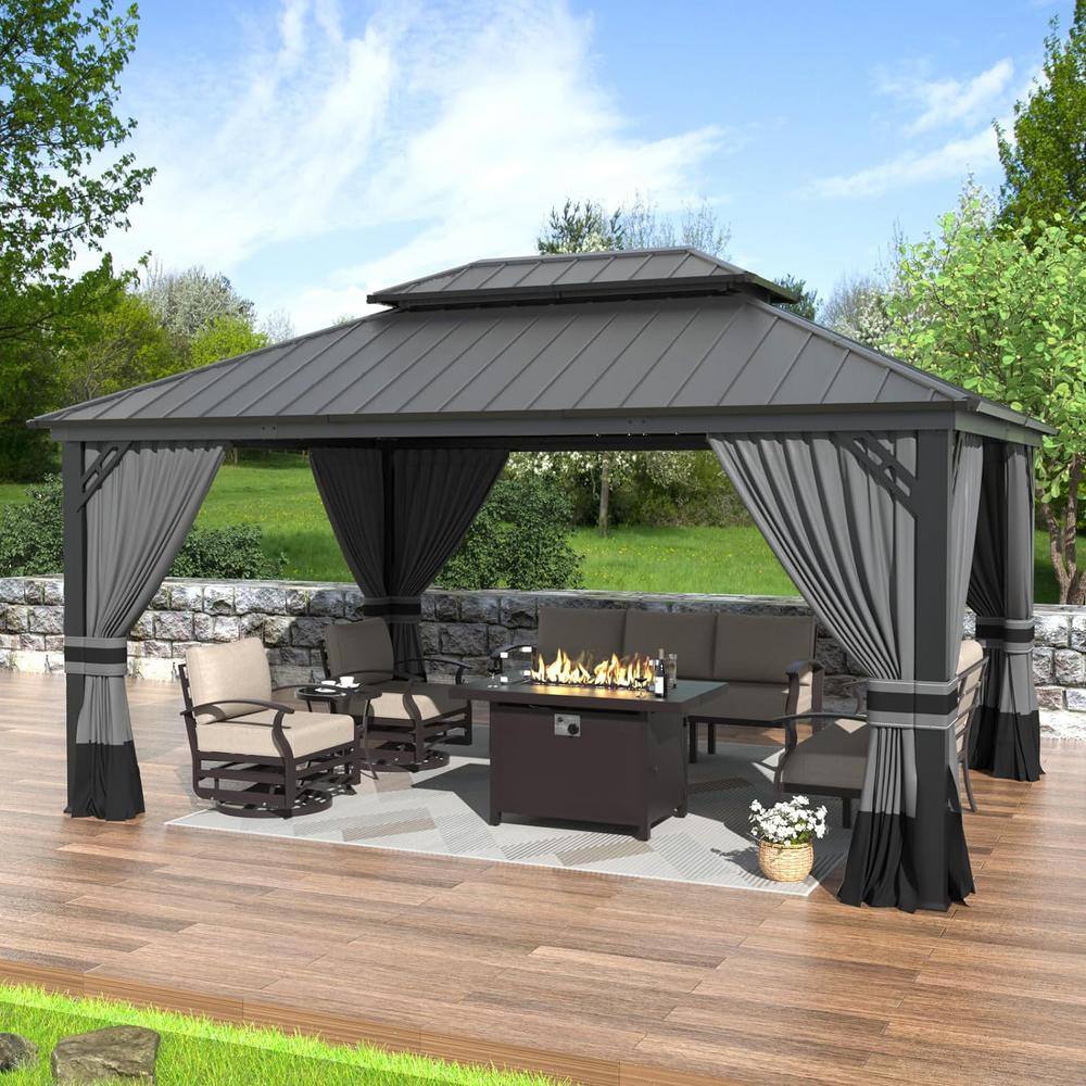 Gray 12x16ft Hardtop Gazebo with Nettings and Curtains