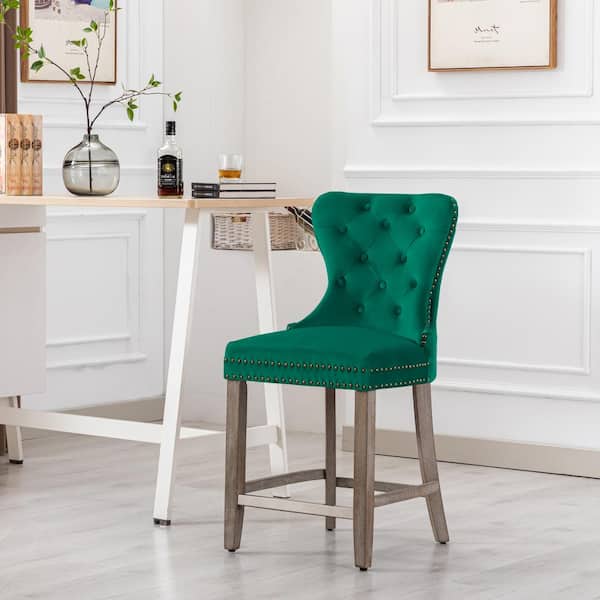 Harper 24 in. High Back Nail Head Trim Button Tufted Dark Green Velvet Counter Stool with Solid Wood Frame Antique Gray