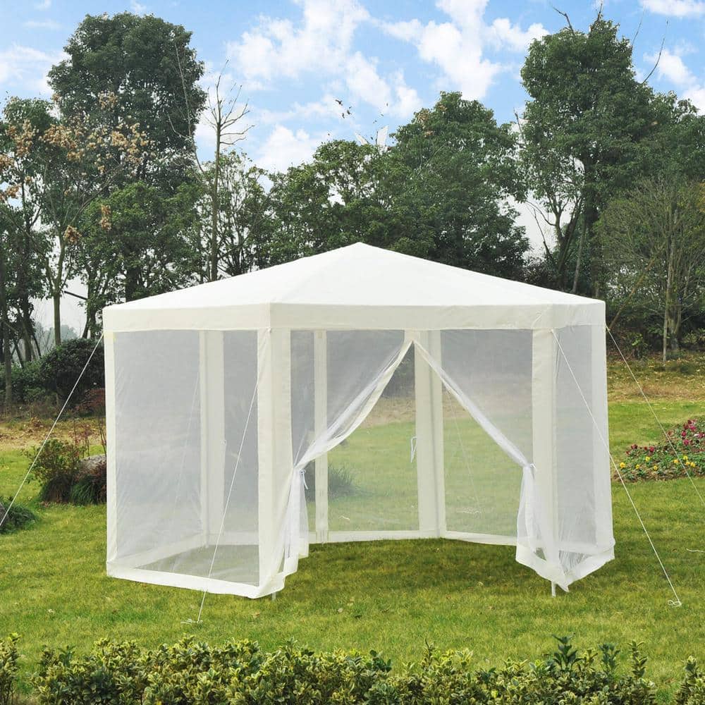 13 Ft Hexagon White Steel Frame Patio Gazebo with Mesh Walls