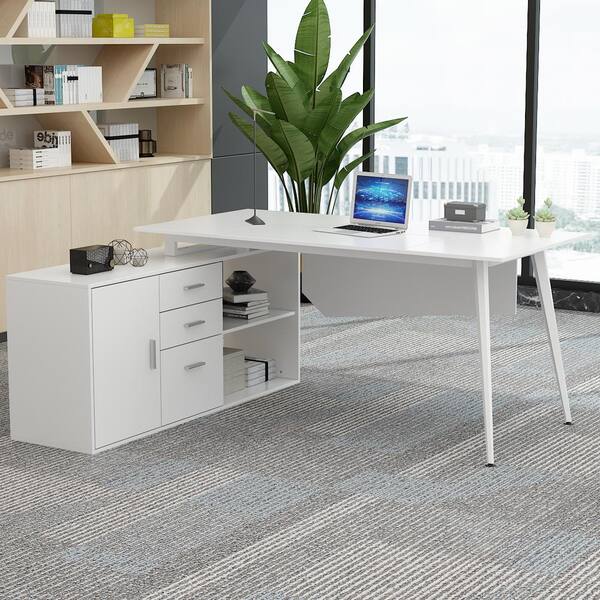 70.9 Modern White L-Shape Executive Desk Drawers & Cabinet Large Office Desk Left Hand