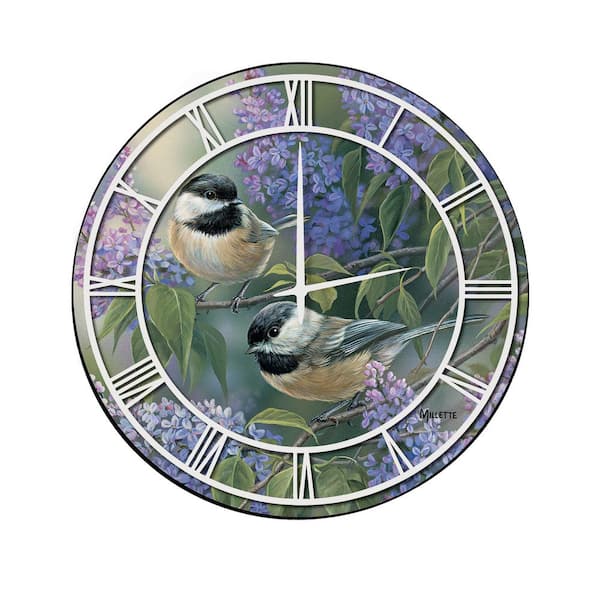 Unbranded "Chickadees and Lilac" Full Coverage Art and White Numbers Imaged Wall Clock