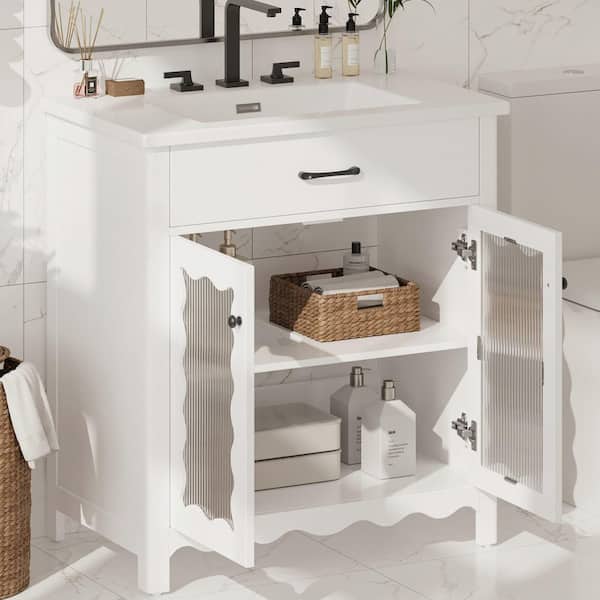 31 in. Freestanding White Bath Vanity with White Ceramic Top, Bathroom Storage Cabinet with Adjustable Shelf Unassembled