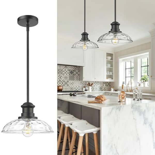 Modern 1 Light Matte Black Pendant Light with Hammered Glass Shade, No Bulbs Included