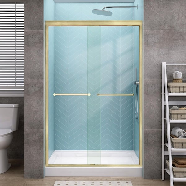 48 in. W x 72 in. H Sliding Semi-Frameless Shower Door in Matte Brushed Gold Bypass Glass Door with 1/4 in. Clear Glass