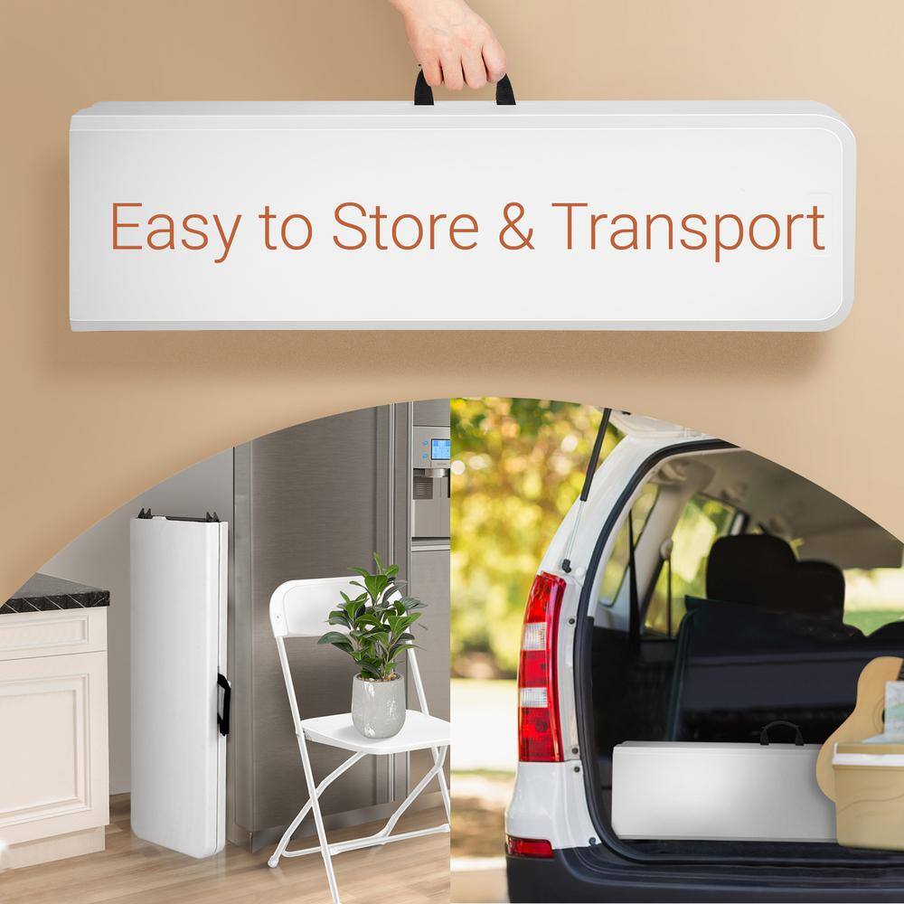 White folding bench shown folded and being stored in a home and a car.