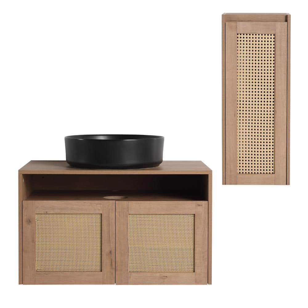 30 in. Wall-Mounted  Imitative Oak Bath Vanity with Wood Top and Side Cabinet Unassembled price history on PriceWatchPro