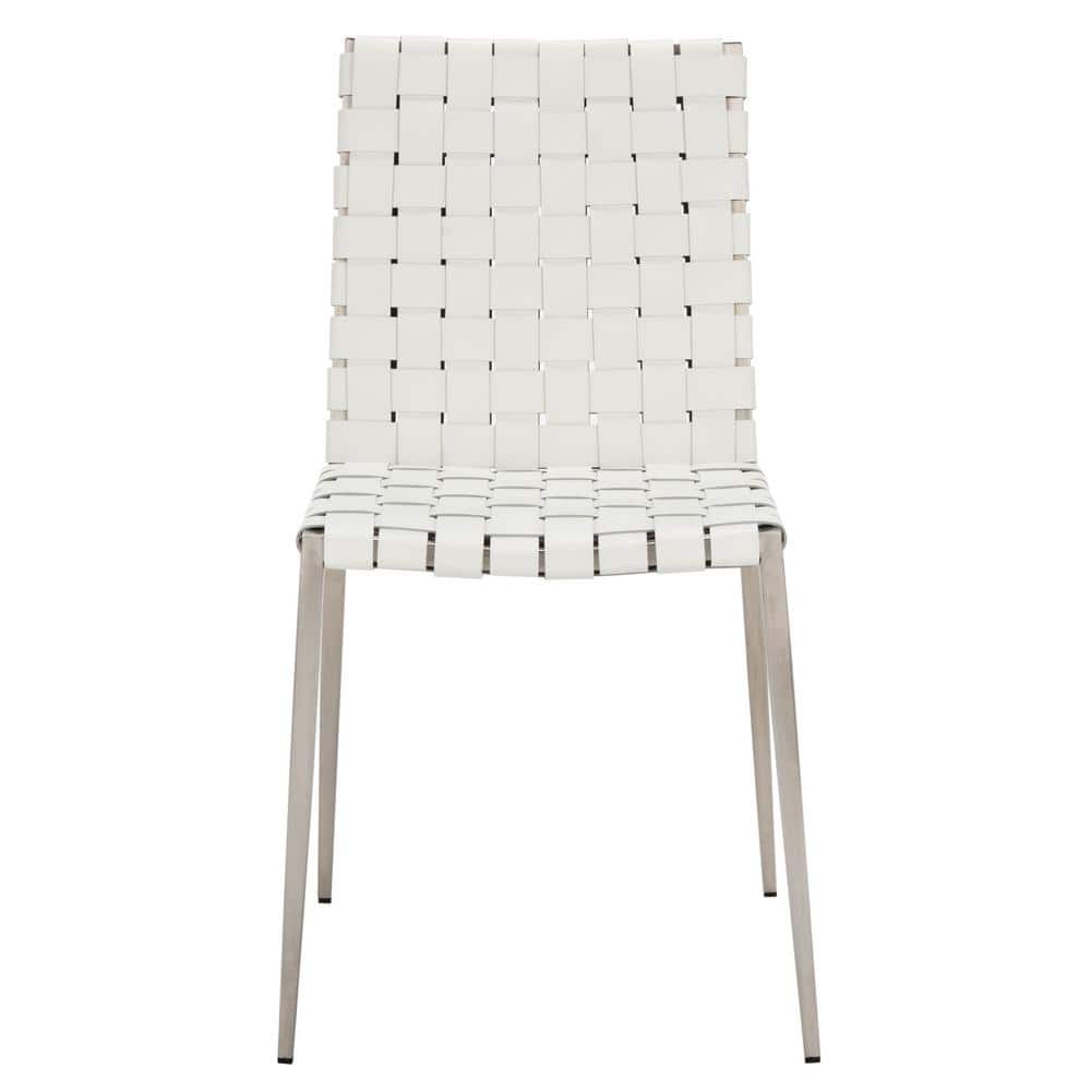 White Leather Upholstered Parsons Side Chair with Metal Base