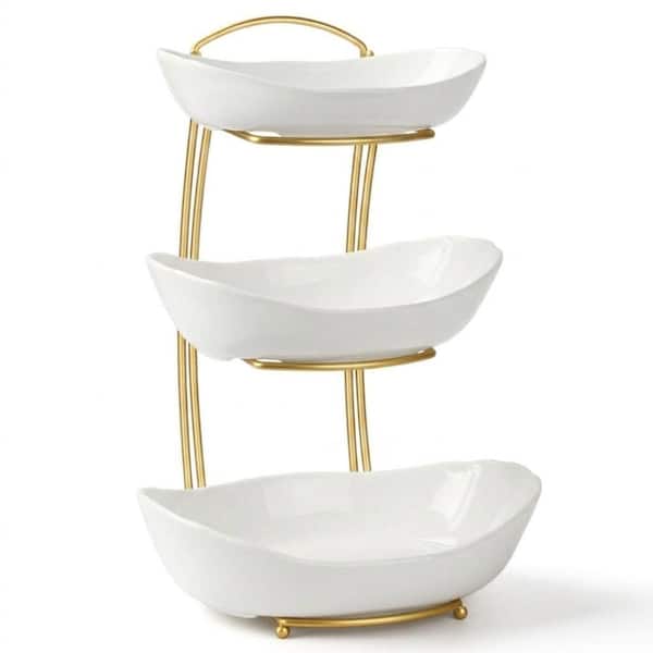3 Tier Ceramic Fruit Bowl with Gold Metal Stand 7.5 x 7.5 x 14.2 in Kitchen Counter Display for Fruits