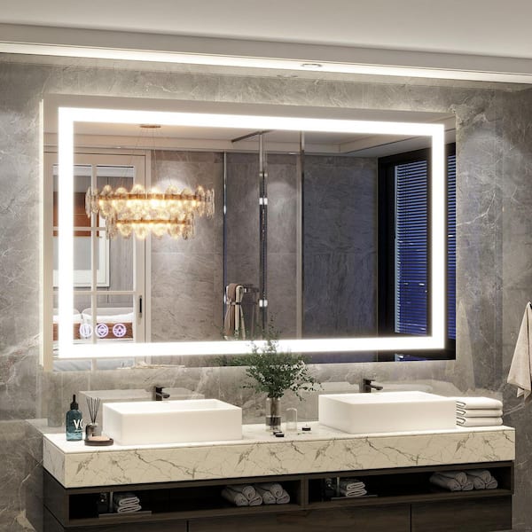 XRAMFY 30 in. W x 55 in. H LED Light Anti-Fog Rectangular Modern Frameless White Wall Mirror