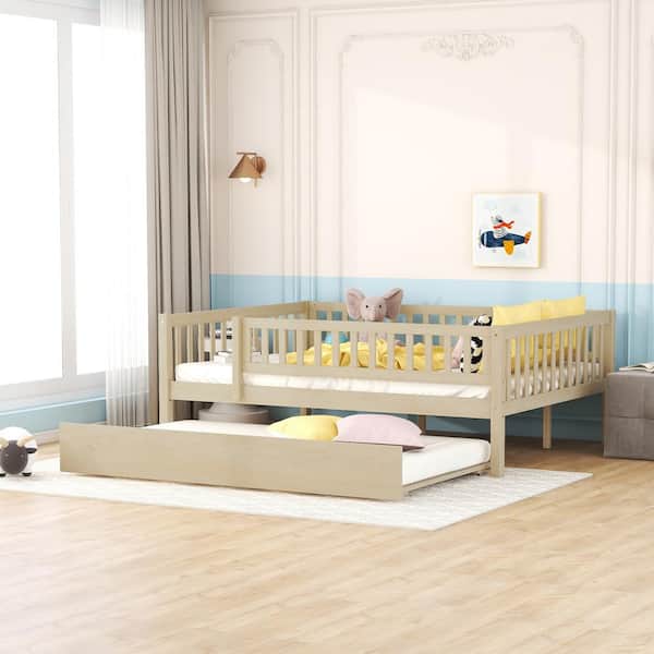 Harper & Bright Designs Natural Full Size Wood Daybed with Trundle and Fence Guardrails