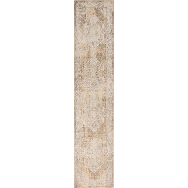 Astra Machine Washable Beige 2 ft. x 8 ft. Center medallion Traditional Runner Area Rug