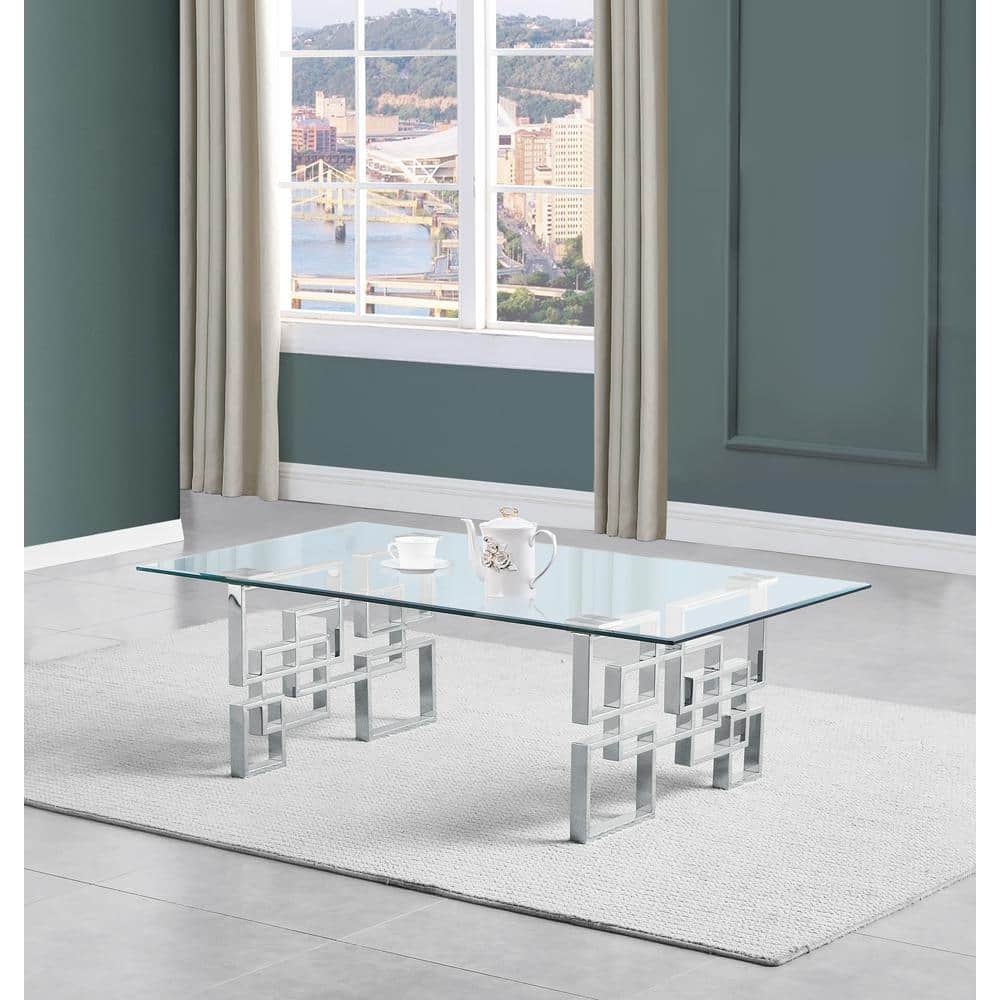 Silver Stainless Steel Rectangular Coffee Table with Clear Glass Top