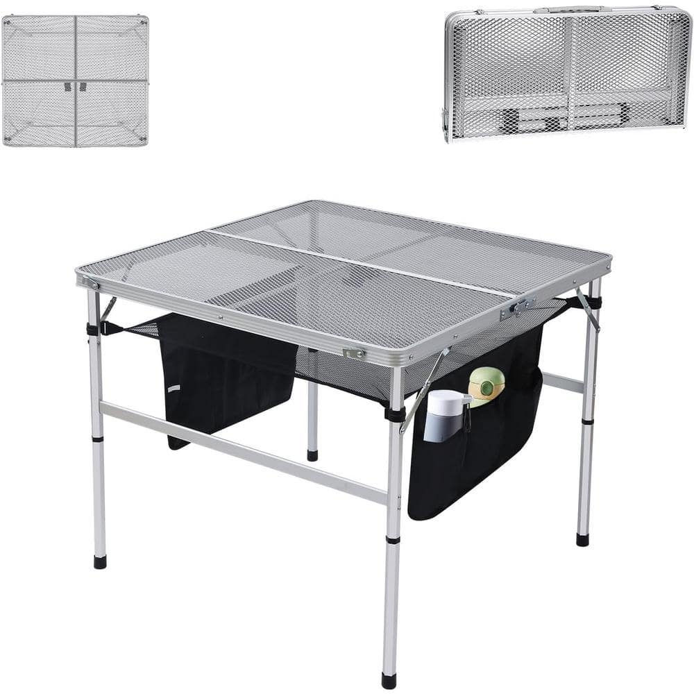 Adjustable White Steel Folding Camping Table with Mesh Bag
