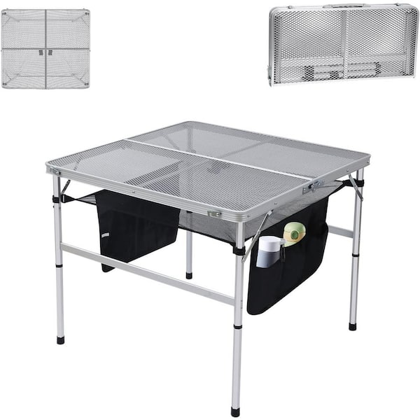 NICE C 23.6 in. x 23.6 in. Steel Square Table for Grill, Folding Table, Camping Table, for Outdoor Height Adjustable, Mesh Bag