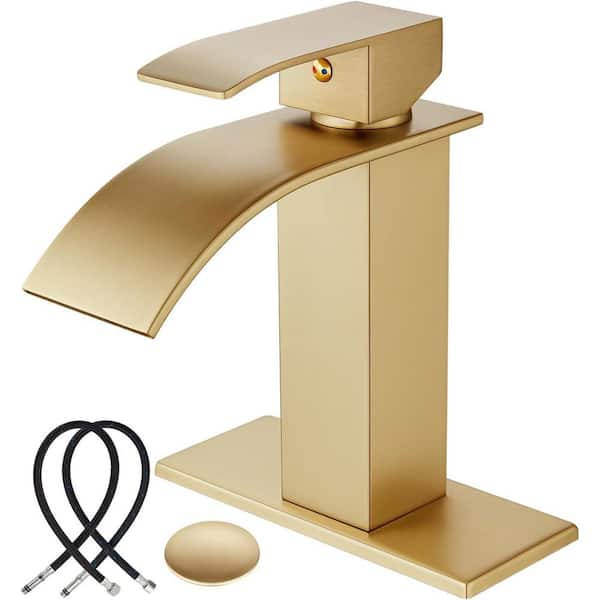 Single Handle Waterfll Spout Single Hole Bathroom Sink Faucet with Drain and Deck in Brushed Gold