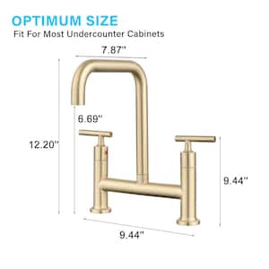 Double Handle Stainless Steel Bridge Kitchen Faucet in Brushed Gold
