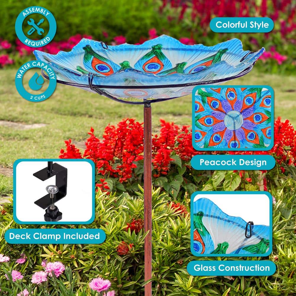 Turquoise Glass Bird Bath with Stand and Deck Clamp