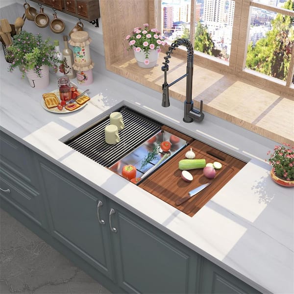 LUXSHERY 32 in. Undermount Single Bowl 16 Gauge Gunmetal Black