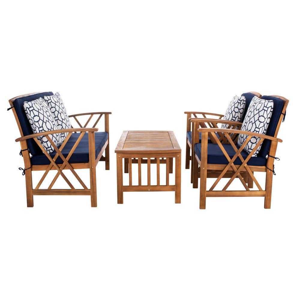 Fontana Natural Acacia Wood 4-Piece Patio Conversation Set with Navy Cushions