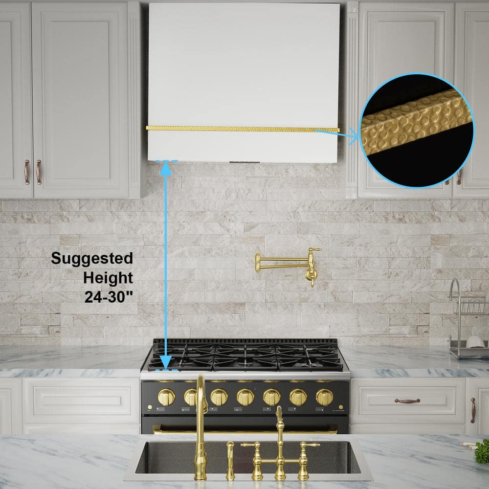 36-Inch White and Gold Stainless Steel Wall-Mounted Range Hood