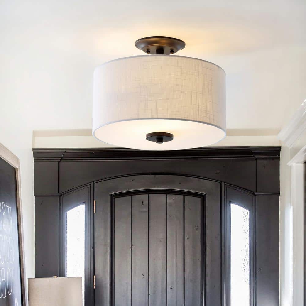 Elegant 15" Drum Linen Shade LED Semi-Flush Mount in Oil Rubbed Bronze