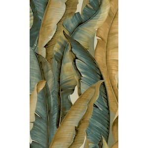 Gold Banana Leaves Tropical Machine Washable 57 sq. ft. Non-Woven Non- Pasted Double Roll Wallpaper