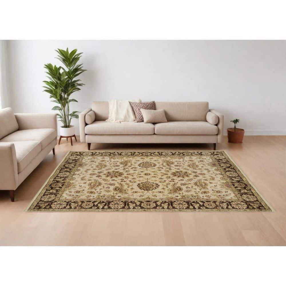 Ivory and Gold Hand-Knotted Wool Oriental Area Rug, 8' x 10'
