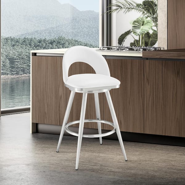 Armen Living Lottech 38 in. White/Brushed Stainless Steel 30 in. Bar Stool with Faux Leather Seat