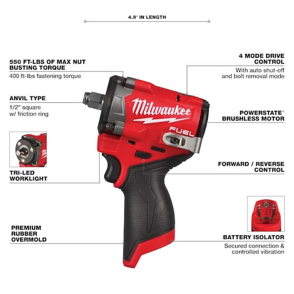 Milwaukee M12 FUEL 12V Li-Ion Brushless Cordless Stubby 1/2 Milwaukee M12 FUEL 12V Li-Ion Brushless Cordless Stubby 1/2
