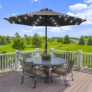 Solar Lighted LED 9 ft. Aluminum Patio Market Circle Outdoor Umbrellas with Push Button Tilt and Crank Lift in Black