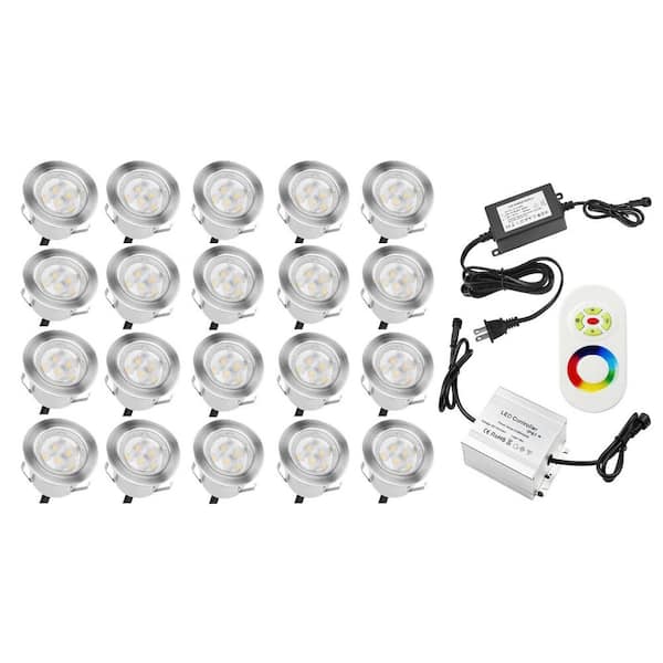 20-Pack Stainless Steel Low Voltage LED Deck Lights, Multi-Color RGB Waterproof Outdoor Recessed Landscape Pathway Light