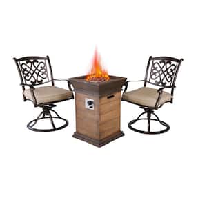 Jagger Dark Gold 3-Piece Cast Aluminum Patio Fire Pit in Brown Wood Exterior Seating Set with Beige Cushions